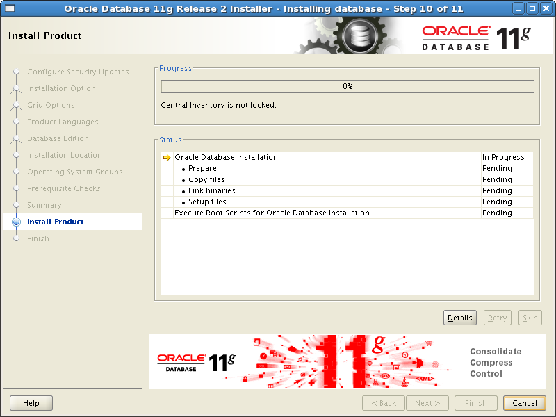 Screenshot-Oracle Database 11g Release 2 Installer - Installing database - Step 10 of 11